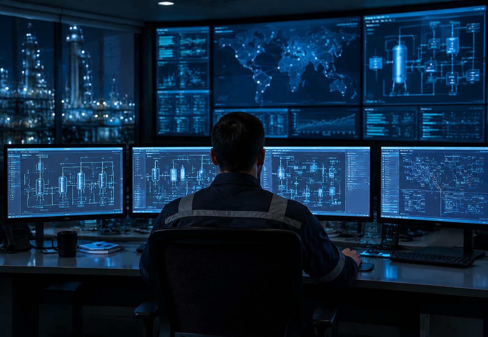 Sala de controle com operador acompanhando telas SCADA