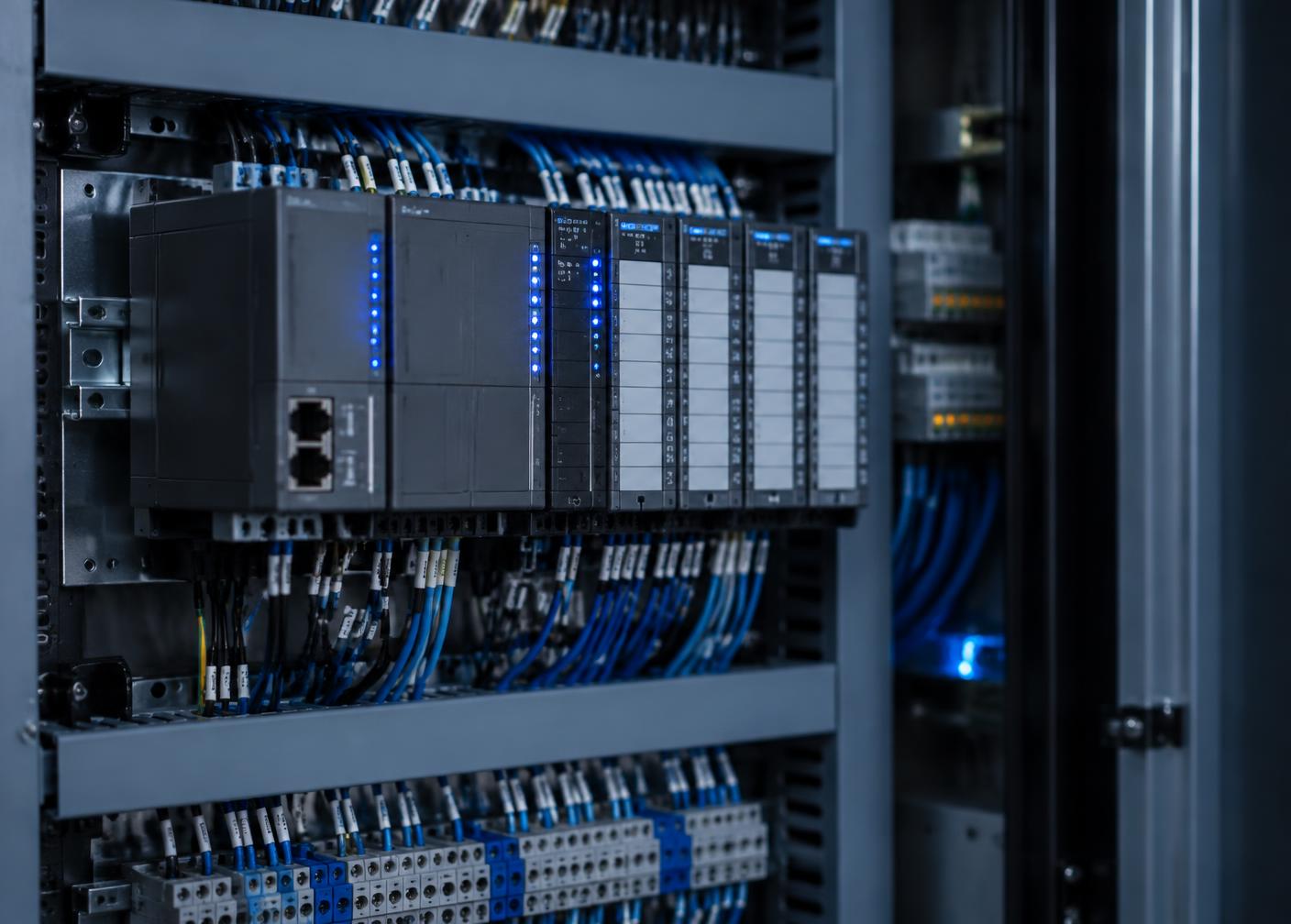 Painel de automação industrial com módulos de PLC